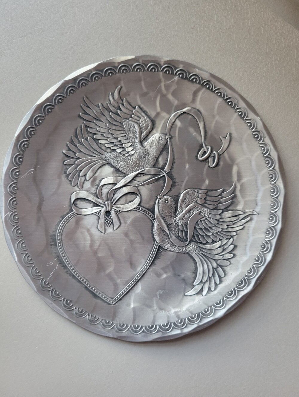 Wendell August Handmade Hammered Metal Wedding Trinket Dish Heart Birds USA